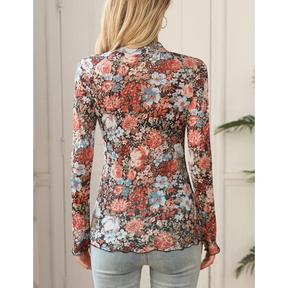 Womens Lace Mesh Top Floral Mock Neck Long Sleeve See Through Casual - Picture 3 of 6